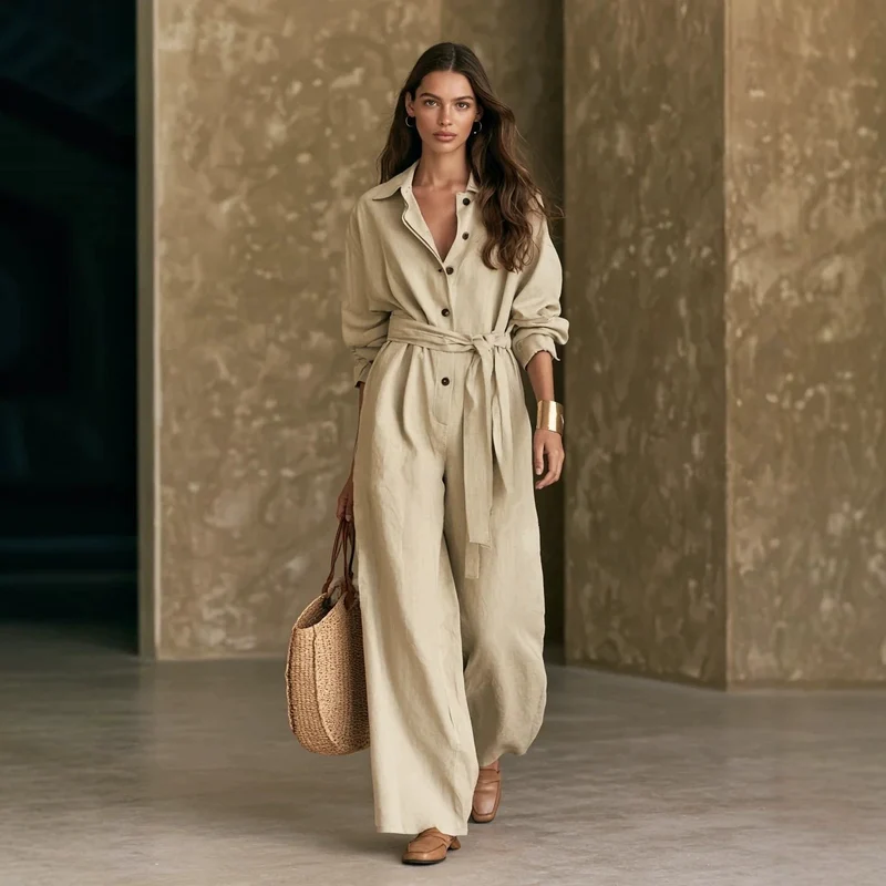 Damen Elegantes Hemdkleid mit Taillengürtel Drune