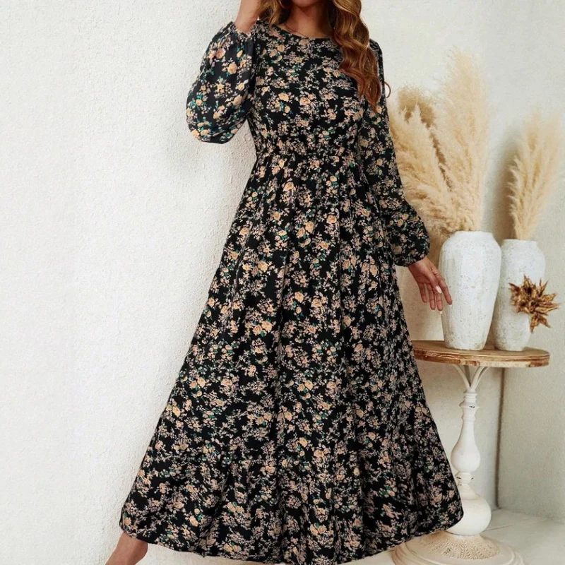 Damen Elegantes Blumenkleid mit langen Ärmeln und Rüschen Drune
