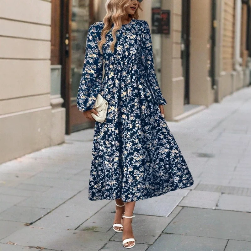 Damen Elegantes Blumenkleid mit langen Ärmeln und Rüschen Drune