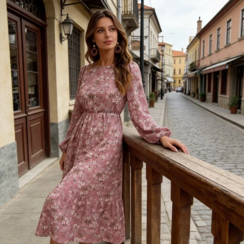 Damen Elegantes Blumenkleid mit langen Ärmeln und Rüschen Drune