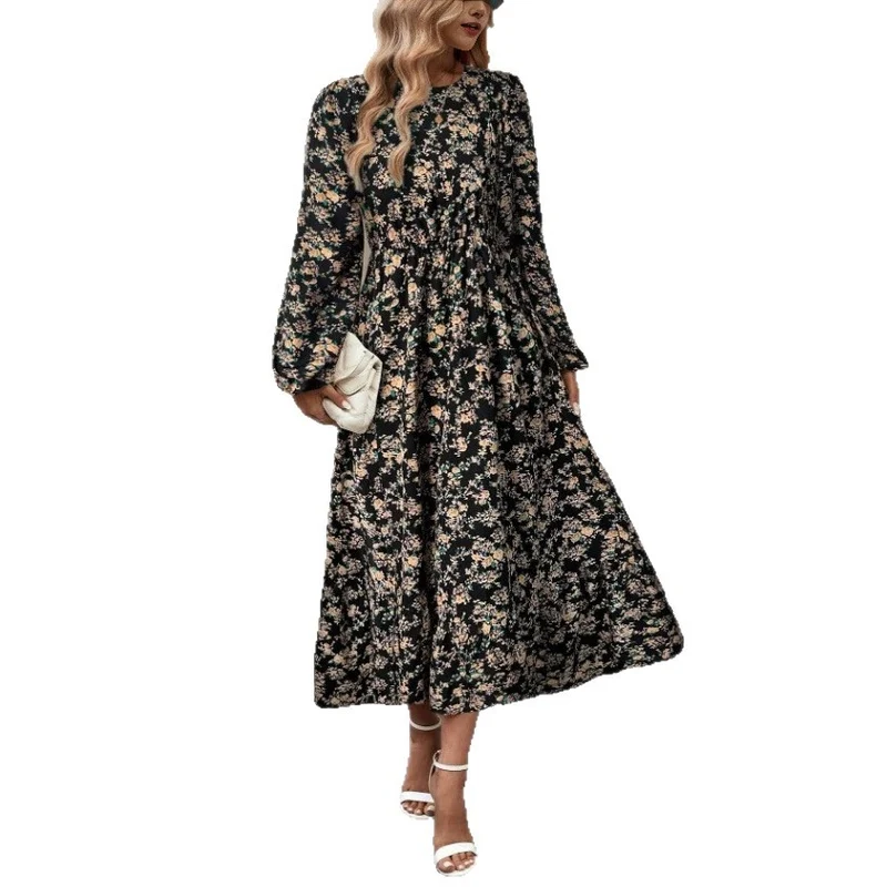 Damen Elegantes Blumenkleid mit langen Ärmeln und Rüschen Drune