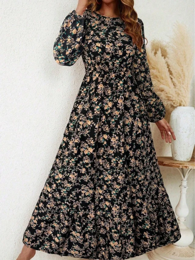 Damen Elegantes Blumenkleid mit langen Ärmeln und Rüschen Drune