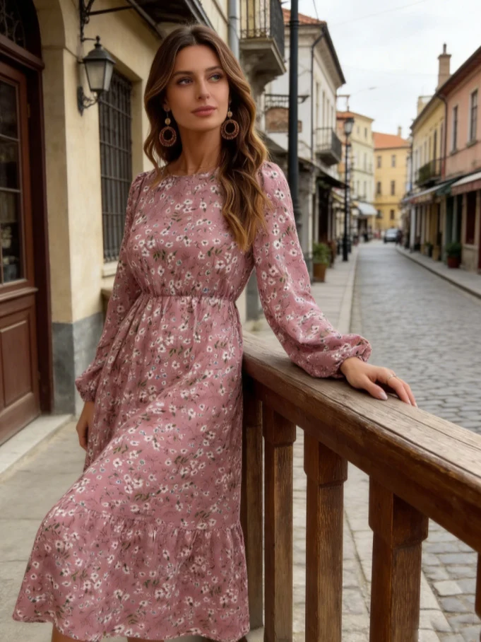 Damen Elegantes Blumenkleid mit langen Ärmeln und Rüschen Drune