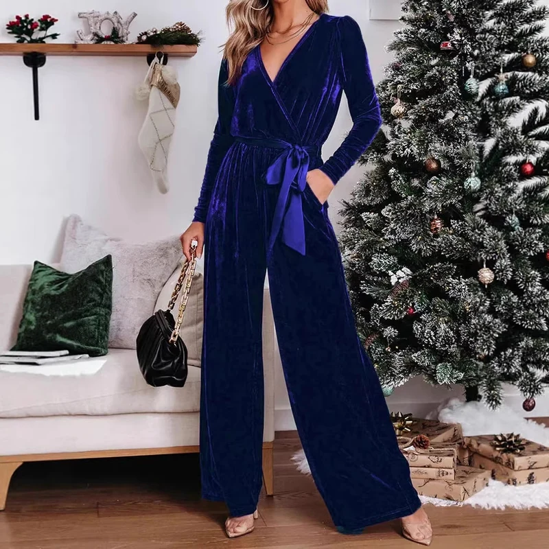 Damen Eleganter Velours Jumpsuit mit tiefem V-Ausschnitt Drune