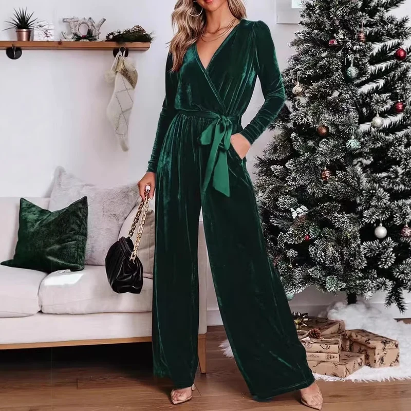 Damen Eleganter Velours Jumpsuit mit tiefem V-Ausschnitt Drune