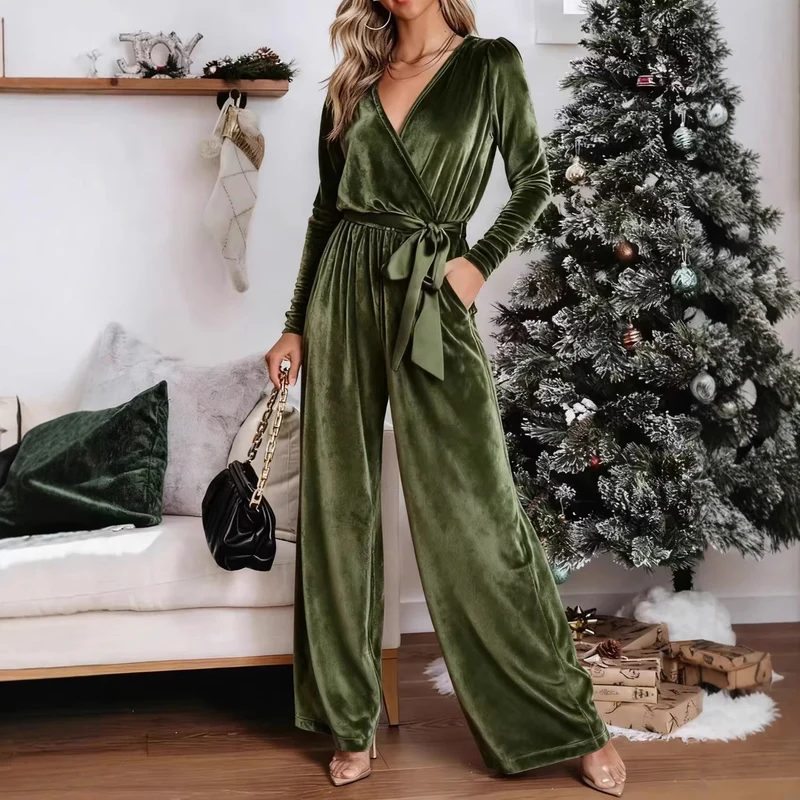 Damen Eleganter Velours Jumpsuit mit tiefem V-Ausschnitt Drune