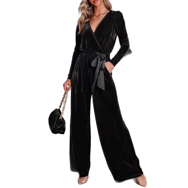Damen Eleganter Velours Jumpsuit mit tiefem V-Ausschnitt Drune