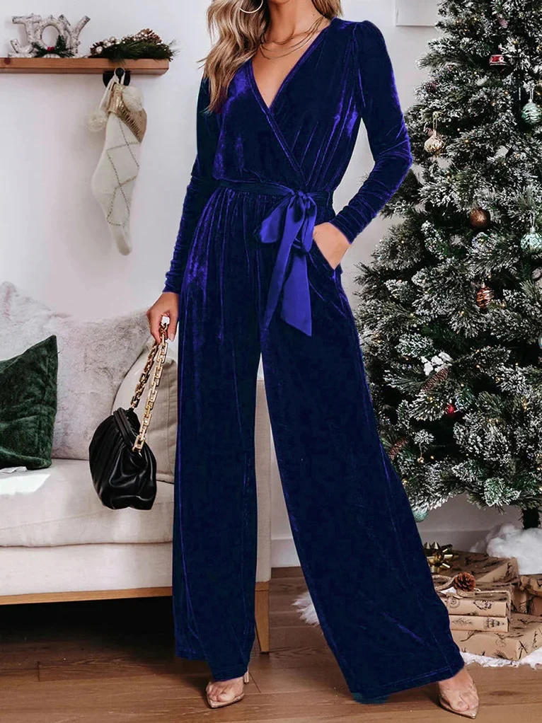 Damen Eleganter Velours Jumpsuit mit tiefem V-Ausschnitt Drune