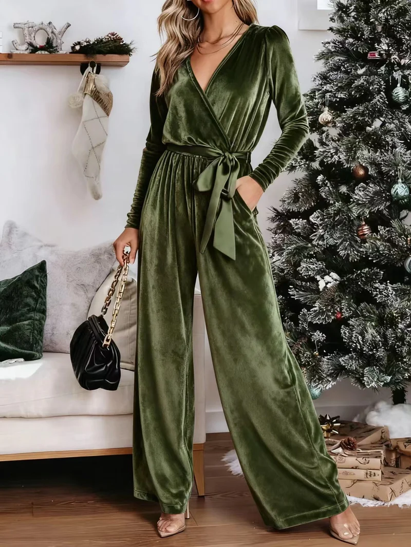 Damen Eleganter Velours Jumpsuit mit tiefem V-Ausschnitt Drune