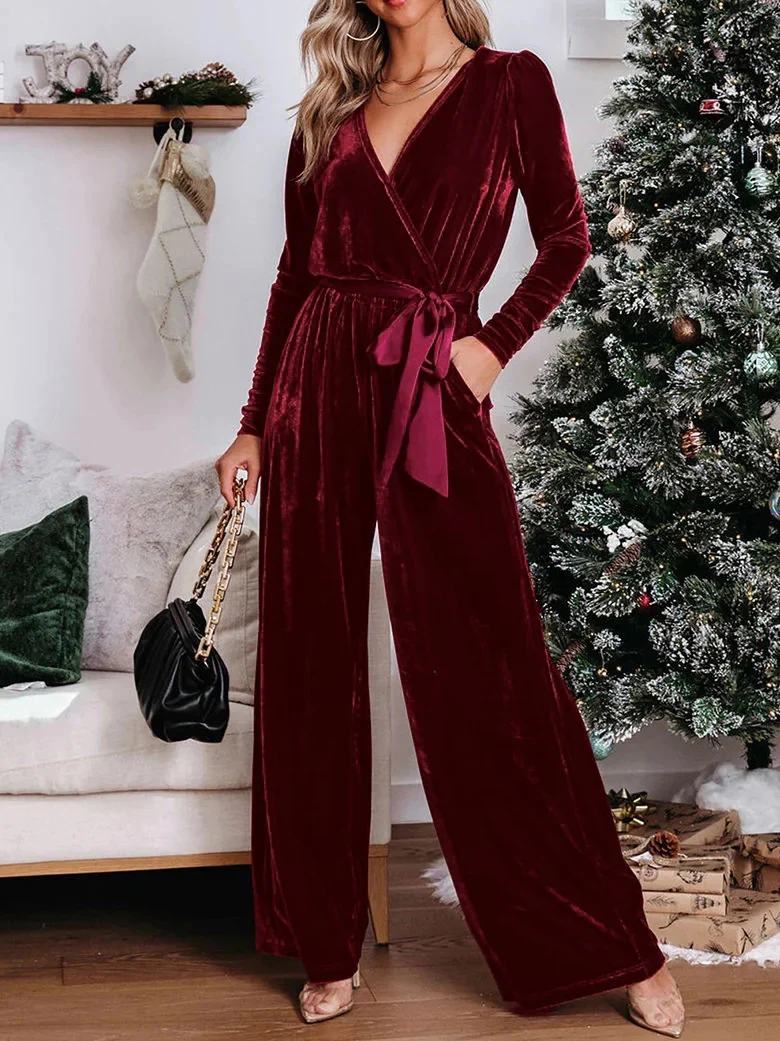 Damen Eleganter Velours Jumpsuit mit tiefem V-Ausschnitt Drune