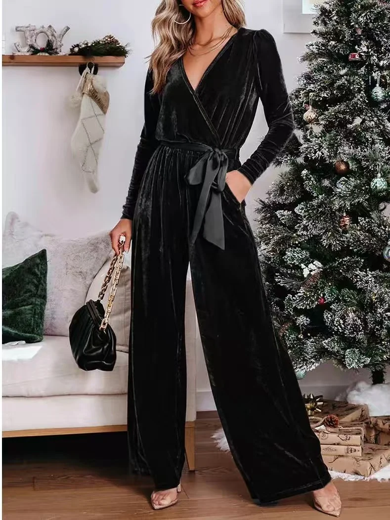 Damen Eleganter Velours Jumpsuit mit tiefem V-Ausschnitt Drune