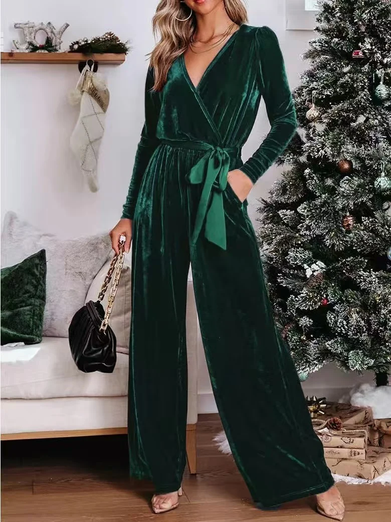 Damen Eleganter Velours Jumpsuit mit tiefem V-Ausschnitt Drune