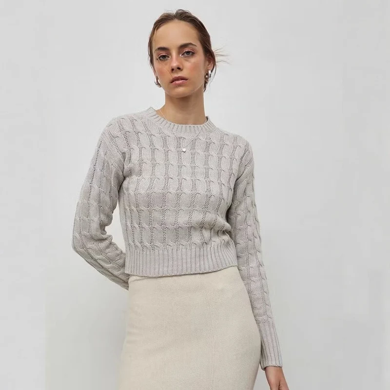 Damen Eleganter Strickpullover mit Zopfmuster Drune