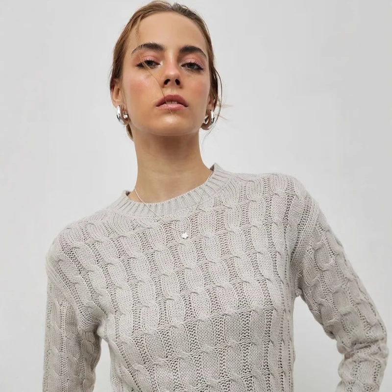 Damen Eleganter Strickpullover mit Zopfmuster Drune