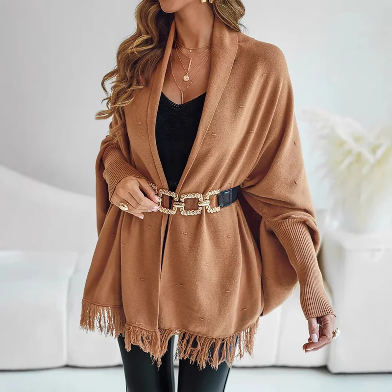 Damen Eleganter Strickponcho mit Fransen Drune