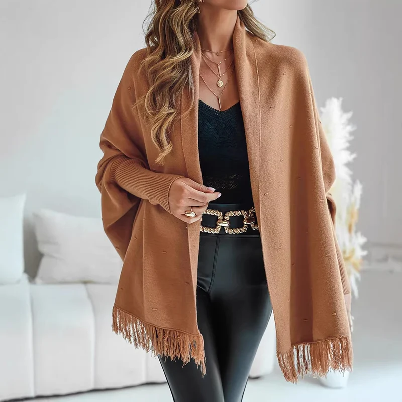 Damen Eleganter Strickponcho mit Fransen Drune