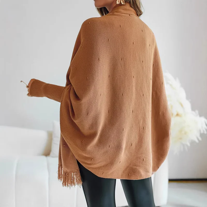 Damen Eleganter Strickponcho mit Fransen Drune