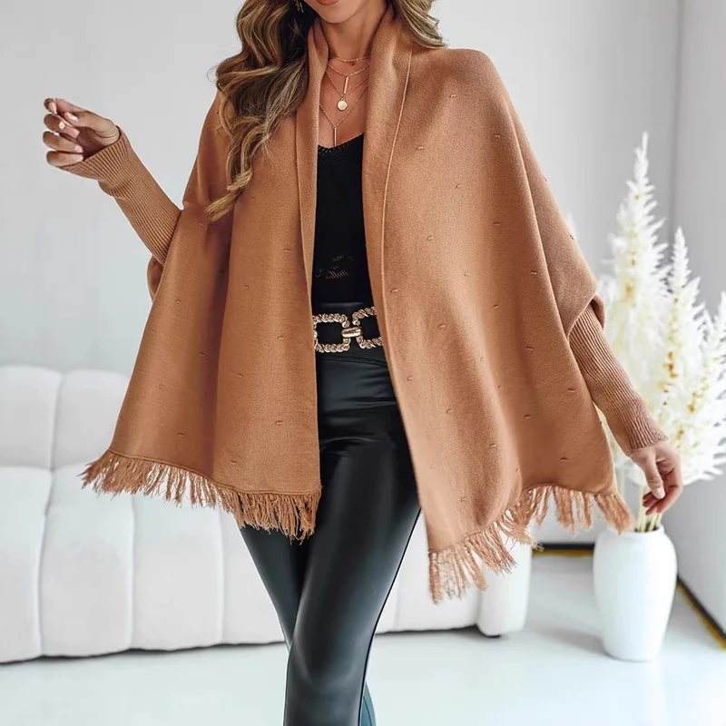 Damen Eleganter Strickponcho mit Fransen Drune