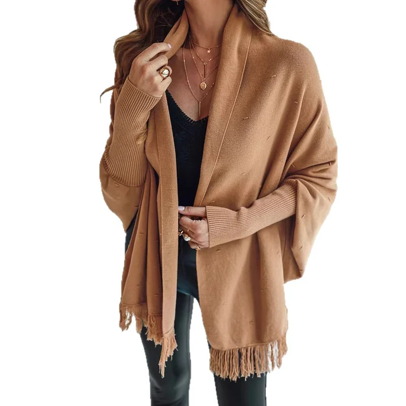 Damen Eleganter Strickponcho mit Fransen Drune