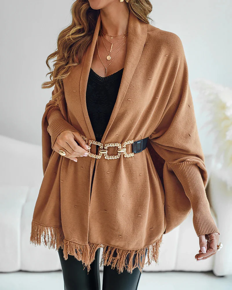 Damen Eleganter Strickponcho mit Fransen Drune