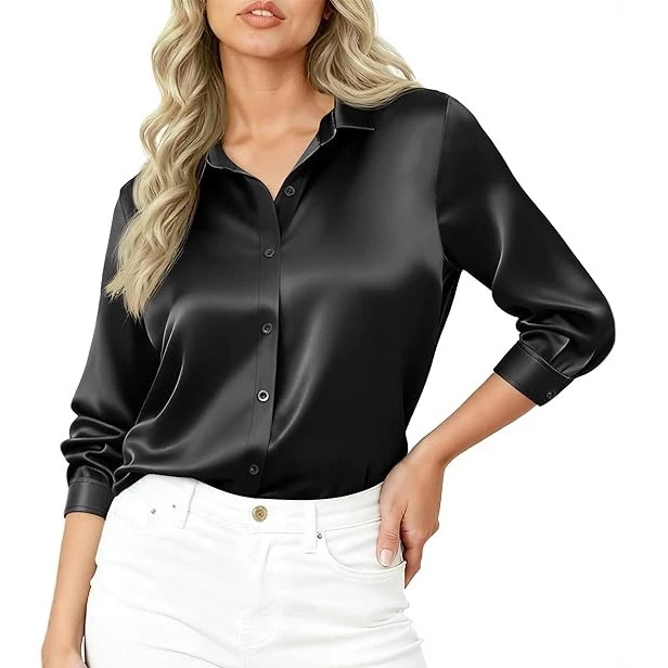 Damen Elegante Satinbluse mit langen Ärmeln Drune