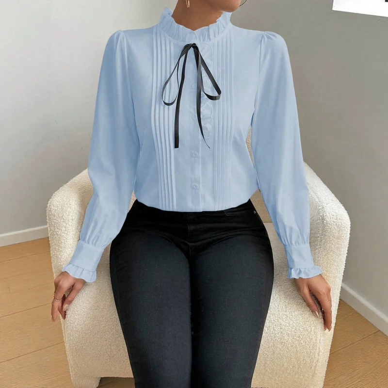 Damen Elegante Bluse mit Rüschen und Schleifen-Detail Drune