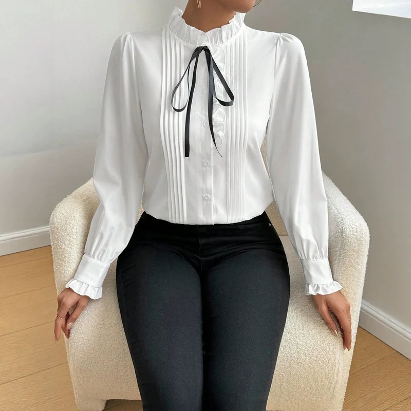 Damen Elegante Bluse mit Rüschen und Schleifen-Detail Drune