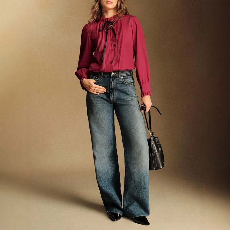 Damen Elegante Bluse mit Rüschen und Schleifen-Detail Drune