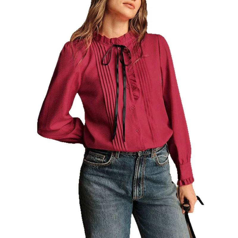 Damen Elegante Bluse mit Rüschen und Schleifen-Detail Drune