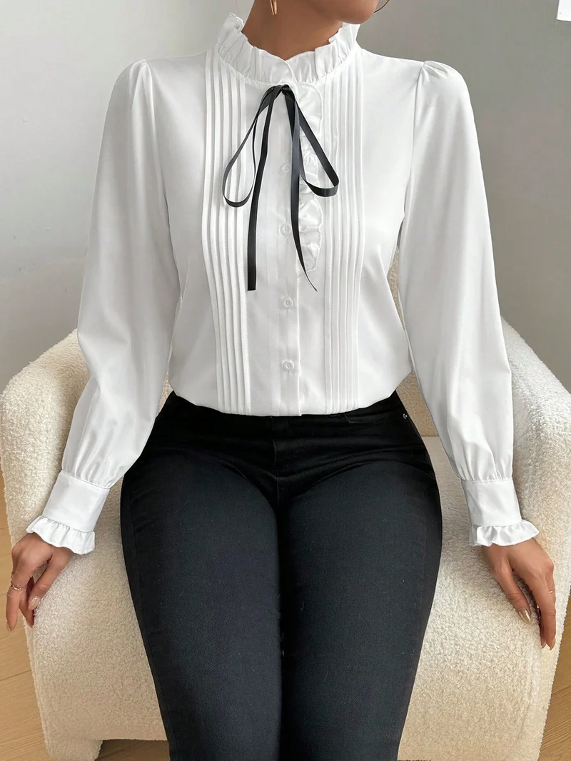 Damen Elegante Bluse mit Rüschen und Schleifen-Detail Drune