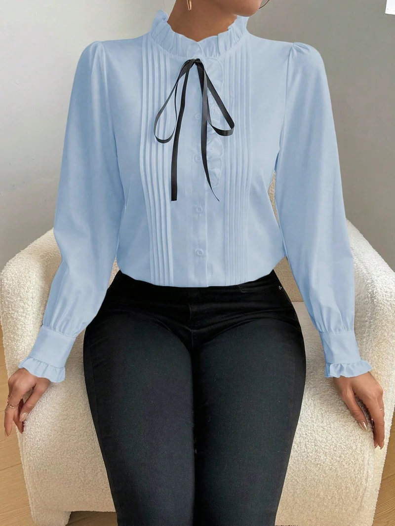 Damen Elegante Bluse mit Rüschen und Schleifen-Detail Drune