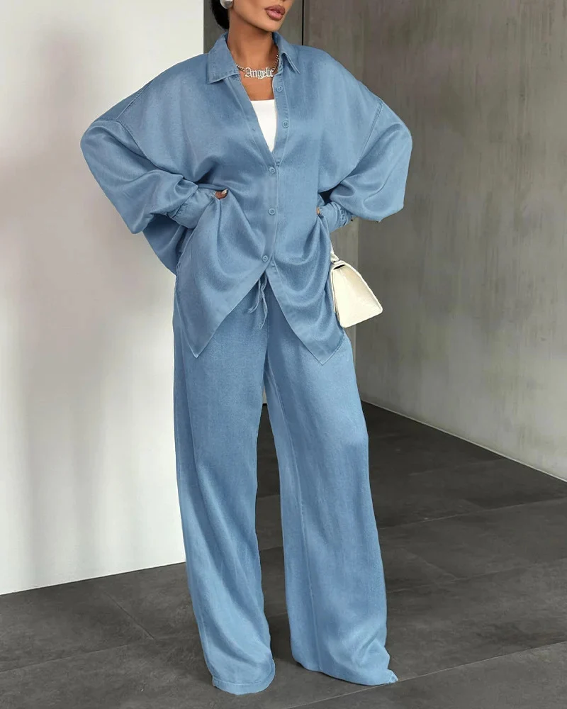 Damen Bequemes und lässiges Set aus oversized Bluse und weiten Hosen Drune