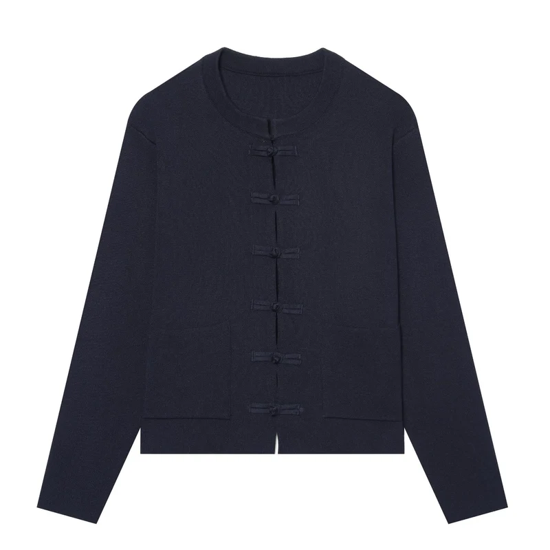 Damen Kurzer Strukturstrick-Cardigan mit Knoten-Froschverschlüssen und aufgesetzten Taschen Drune