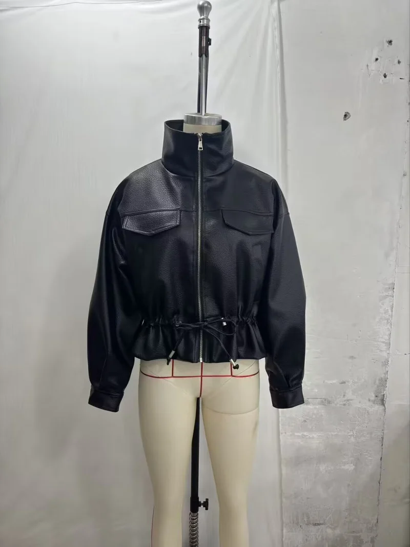 Damen Kurzer Lederoptik Blouson mit Tunnelzugtaillierung Drune