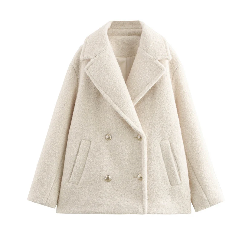 Damen Kurzer doppeltreihiger Wollmix-Peacoat mit weitem Revers Drune