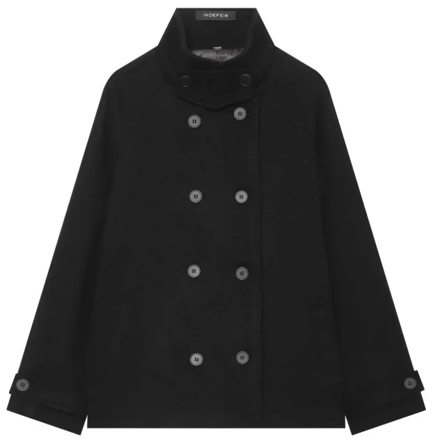 Damen Kurzer doppeltreihiger Wollmix‑Cape‑Mantel mit Stehkragen und Raglanärmeln Drune