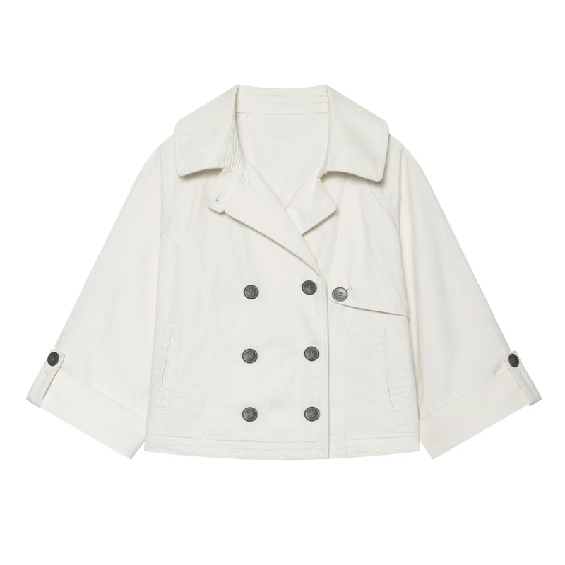 Damen Kurzer Doppelreiher‑Cape‑Trench mit weitem Ärmel und Umschlagdetail Drune