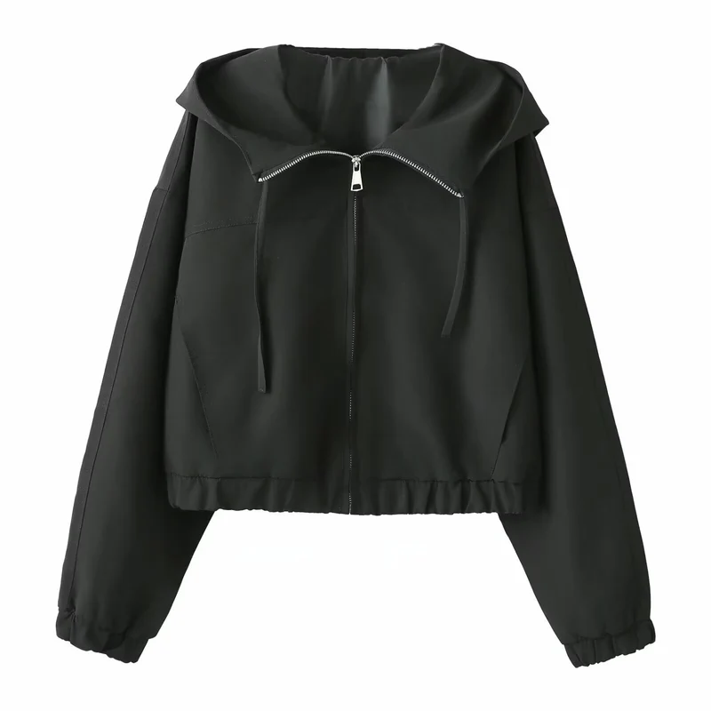 Damen Kurzer Cropped Blouson mit Kapuze, Reißverschluss und elastischem Saum Drune