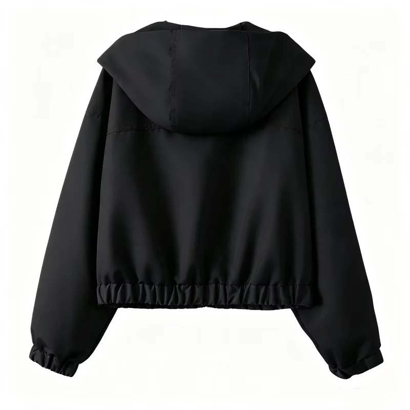 Damen Kurzer Cropped Blouson mit Kapuze, Reißverschluss und elastischem Saum Drune