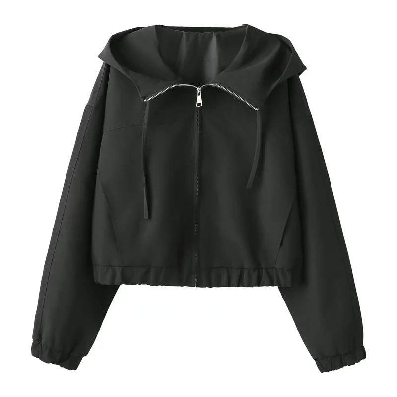 Damen Kurzer Cropped Blouson mit Kapuze, Reißverschluss und elastischem Saum Drune