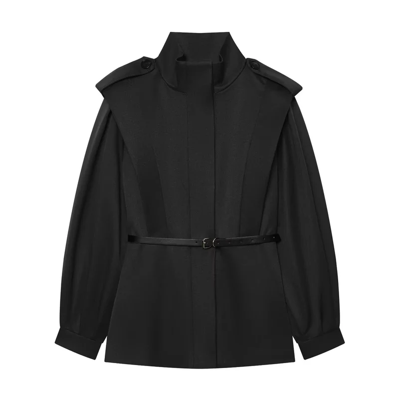Damen Kurzer Cape‑Trenchcoat mit Stehkragen, Schulterpatten und Taillengürtel Drune