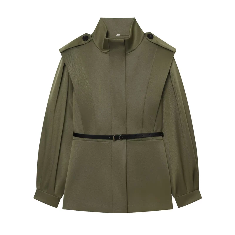 Damen Kurzer Cape‑Trenchcoat mit Stehkragen, Schulterpatten und Taillengürtel Drune