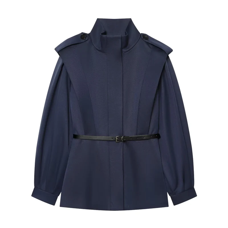 Damen Kurzer Cape‑Trenchcoat mit Stehkragen, Schulterpatten und Taillengürtel Drune