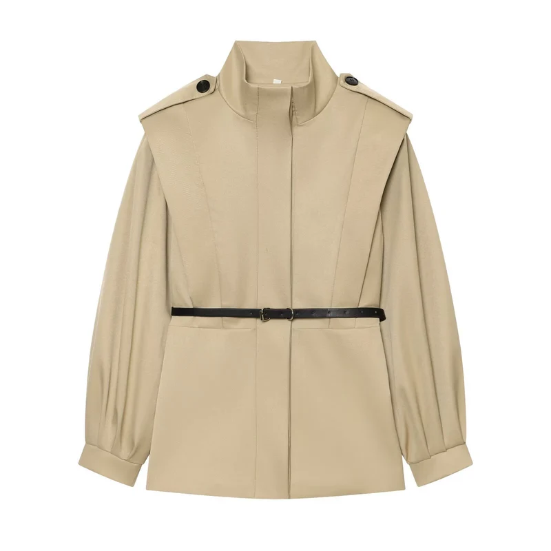 Damen Kurzer Cape‑Trenchcoat mit Stehkragen, Schulterpatten und Taillengürtel Drune