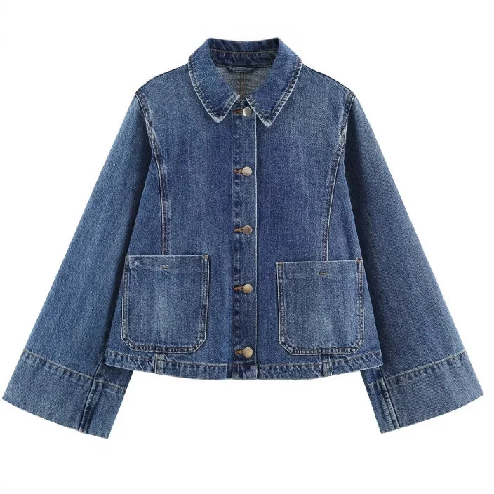 Damen Kurzer Boxy-Jeansblouson mit oversized Manschetten und aufgesetzten Taschen Drune