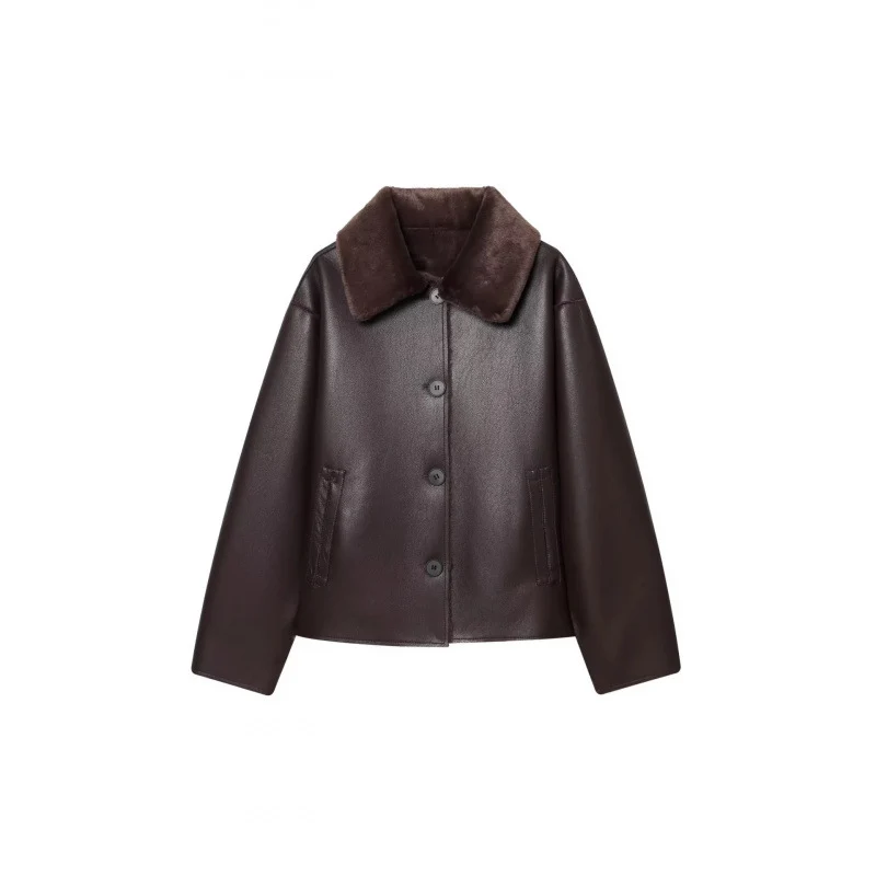 Damen Kurze Wende‑Lammfelljacke mit vollem Umlegekragen und warmer Teddyfütterung Drune