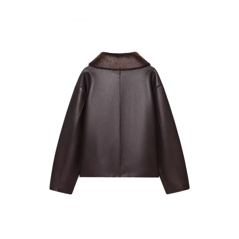 Damen Kurze Wende‑Lammfelljacke mit vollem Umlegekragen und warmer Teddyfütterung Drune