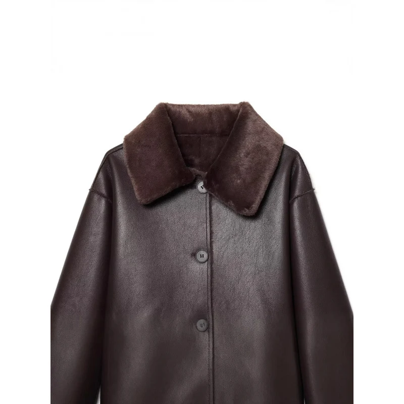 Damen Kurze Wende‑Lammfelljacke mit vollem Umlegekragen und warmer Teddyfütterung Drune