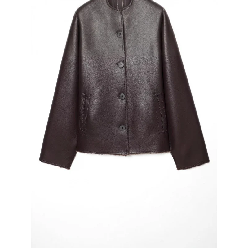 Damen Kurze Wende‑Lammfelljacke mit vollem Umlegekragen und warmer Teddyfütterung Drune