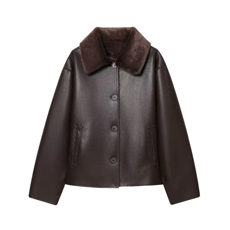 Damen Kurze Wende‑Lammfelljacke mit vollem Umlegekragen und warmer Teddyfütterung Drune